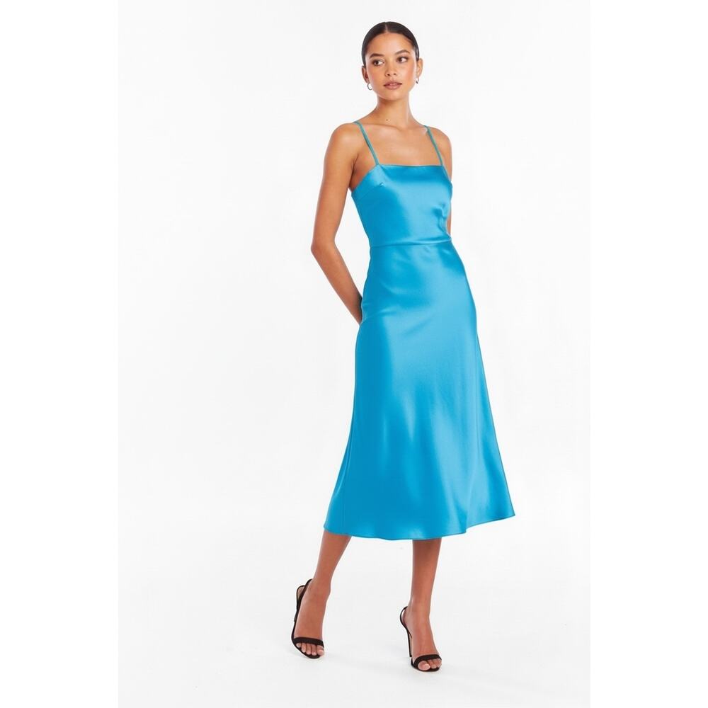 Amanda Uprichard Silk Square Neck Smocked Midi Dress Aqua Blue Size M NWT - Picture 2 of 9